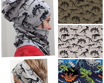 Dünnes Frühlungset Beanie Mütze und Loop Dino  Motiv wählbar Dinosaurier einlagig Kinder Größe 37-56cm Dino Skelett Stirnband