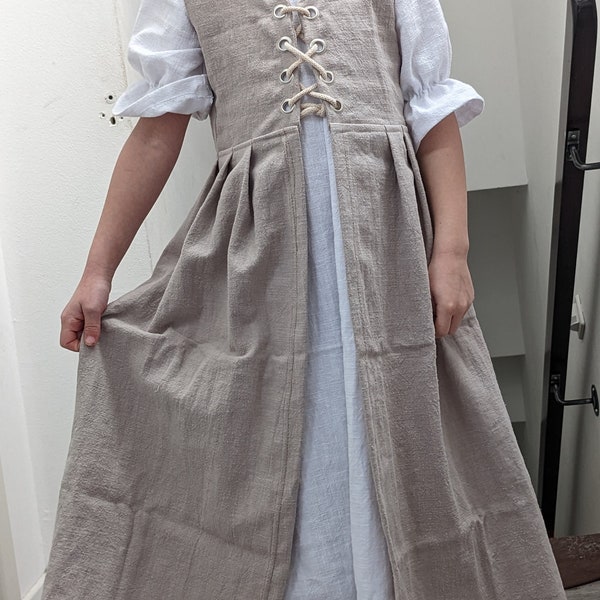 Leinenkleid Farbe wählbar Mädchen Einschulung Dirndl Mittelalter Kleid mit Schnürung und Unterkleid aus Leinen Gr 104-140 altrosa Baumwolle