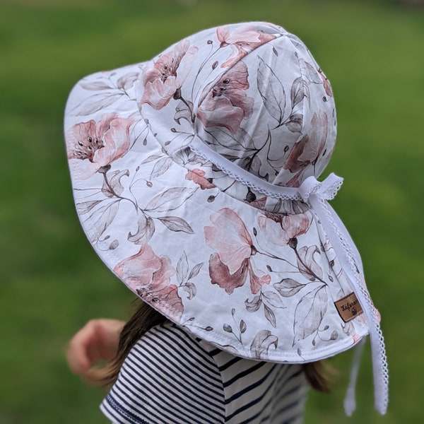 Chapeau de soleil avec protection du cou, fleurs de pavot, cappi, casquette à visière pour enfants filles, taille 37-56 cm, printemps