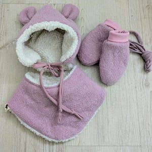 Winter Walk Wollmütze Baby Mütze Halstuch und Handschuhe Fäustlinge Teddyfell Ohrenmütze 34-50cm Bio Walkstoff Farbe wählbar