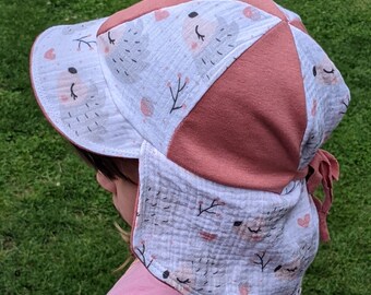Cappello da sole in mussola per neonati con motivo a riccio e protezione per il collo, berretto, berretto con visiera, cappello per bambini, taglia 37-56 cm, cappello estivo