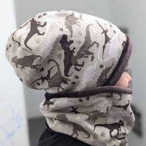 Vinter Dinosaurie-mössa, varm alpin fleece-mössa med dinosaurie, halsduk och pannband, barn, pojkar, storlekar 42-56