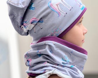 Conjunto de gorro y bufanda para niña con diseño de poni y unicornio, color morado, talla KU 37-56 cm, forro polar alpino