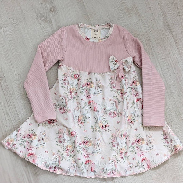 Langarm Lieblingskleid Mädchen Einhorn Kleid rose Kleidchen und Stirnband Größe 80-128