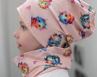 Dünnes Frühlings Set Beanie Mütze Stirnband & Loop Monster bunt Regenbogen Sommer Kinder Haarband Mützenset Größe 42-56cm