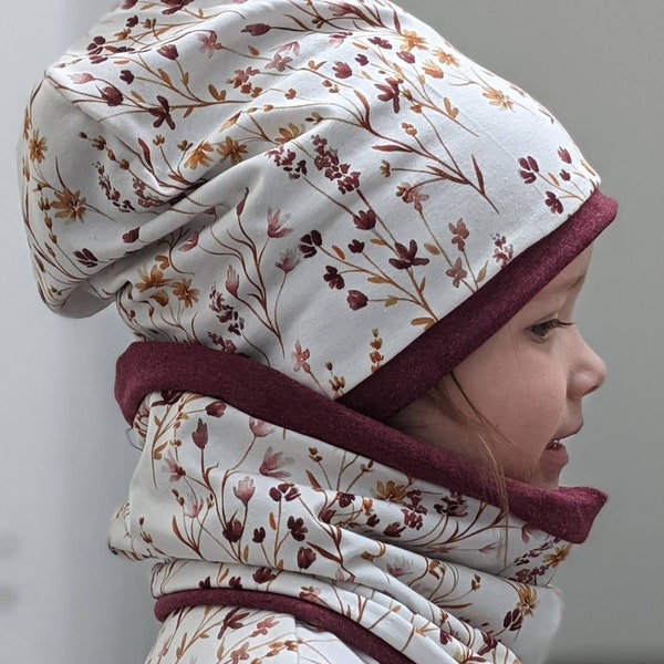 FLEURS DE MAÏS Branches de Champ de Maïs Prairie Bébé Enfants Filles Ensemble Bonnet Bonnet & Écharpe à Boucle Taille 37-56 cm Sweat d'hiver