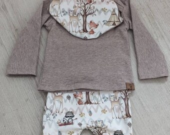 Baby Waldfreunde Set Shirt Langarmshirt Hose & Ohren Mütze Wald Reh Fuchs Größe 50-92 Geburt