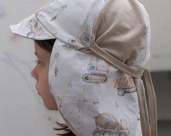 Baby Frühling Kinder Mütze mit Nackenschutz Baufahrzeuge Bagger Fahrzeug Baumwolle Cappi Schirmmütze Kinder Mütze Größe 37-56cm Sommer Hut