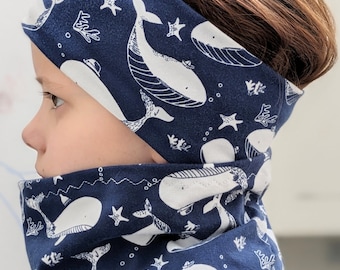 Jungen Jungs Stirnband mit Loop und Beanie dünn Frühling einlagig Wal Fische Meer Haarband Skelett Größe KU 39-56cm