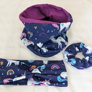 Stirnband Loop und Haargummi Einhorn Einhörner Regenbogen Mädchen Kinder Haarband dunkelblau Größe 42-56cm