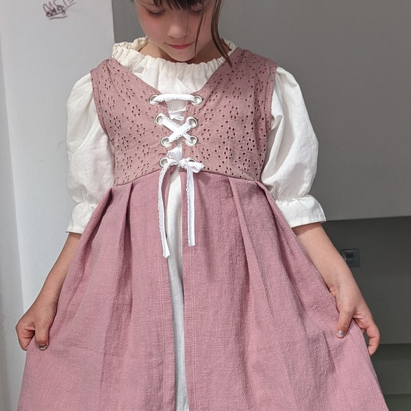 Leinenkleid Mädchen Einschulung Dirndl Mittelalter Kleid mit Schnürung aus Baumwolle Sommerkleid Größe 104-140 altrosa Baumwolle