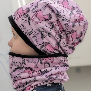 Pony horse purple pink children's girls hat set beanie hat & scarf loop headband size 37-56 cm winter sweat