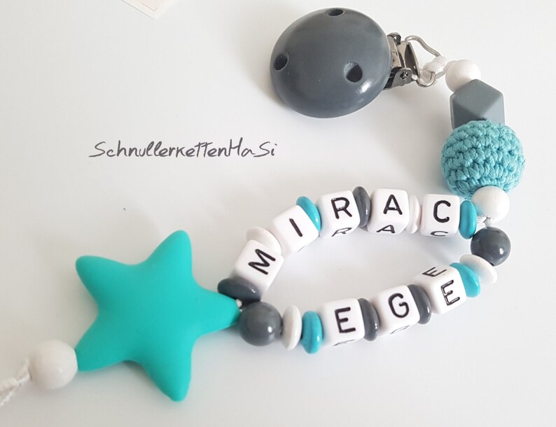 Pacifier necklace with double names turquoise dark lgrey young girl nuggi chain baby gifts gift set baby baby shower baby part photoshoting