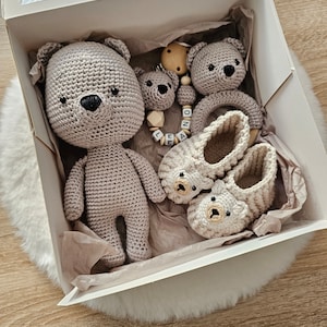 Birth gift set | Pacifier chain with name, gripping ring, crochet animal bear, baby crochet shoes