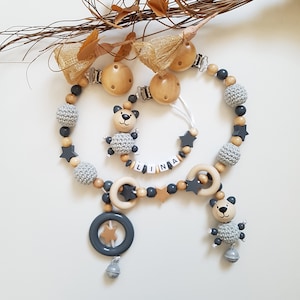 Schnullerkette | Kinderwagenkette mit Namen,grau/holz/beige  | Babygeschenke Set