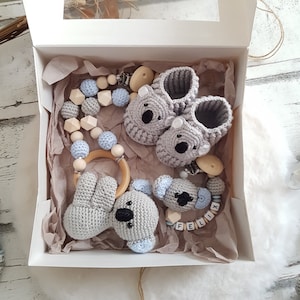 Babygeschenk zur Geburt: Koalabär, Kinderwagenkette,Schnullerkette mit Namen