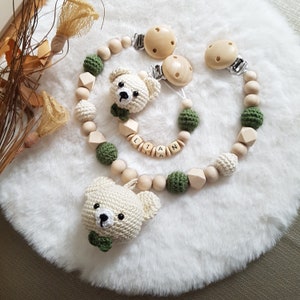 Babygeschenke Set,Schnullerkette mit Namen,Kinderwagenkette beige/grün,Schnullerkette Bär,Babygeschenke zur Geburt Bild 3