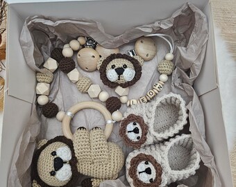 Schnullerkette,Kinderwagenkette Set,Babyschuhe Löwe,personalisierte Babygeschenke