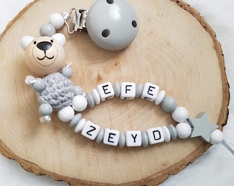 Pacifier chain with double name bear | Baby gifts for birth