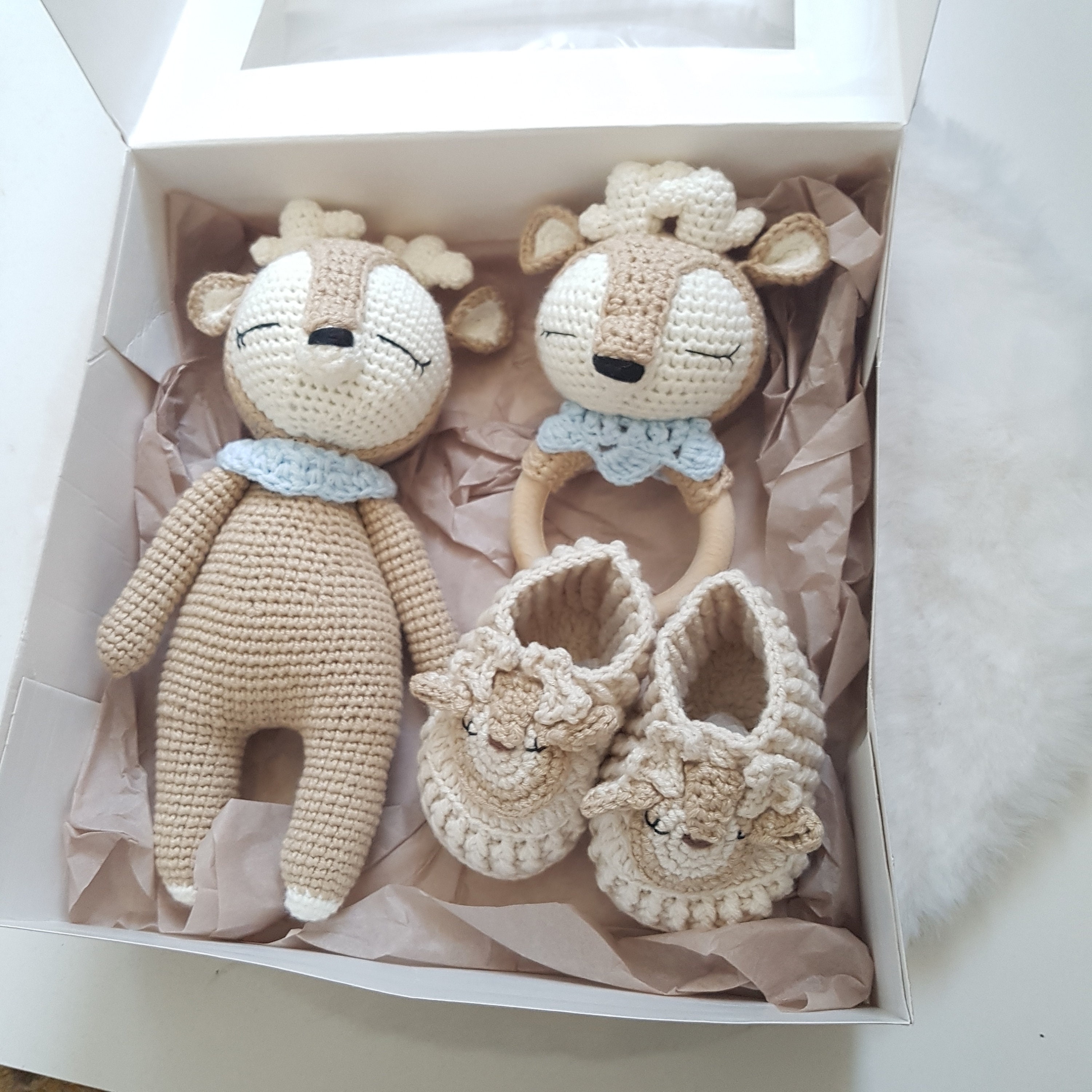 Newborn Boy Gift Set: Crochet Deer Animal, Crochet Baby Shoes, Grip Ring 