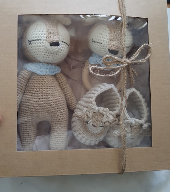 Newborn Boy Gift Set: Crochet Deer Animal, Crochet Baby Shoes, Grip Ring 