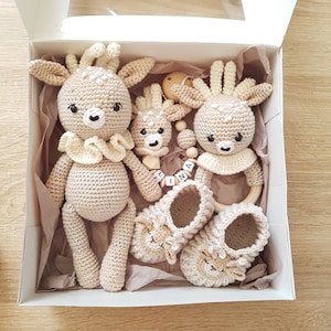 Birth gift set | Pacifier chain with name, gripping ring, crochet toy deer, baby crochet shoes