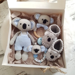 Baby Gift Set:Koala | Pacifier chain with name | gripping ring | cuddly toy | Baby shoes