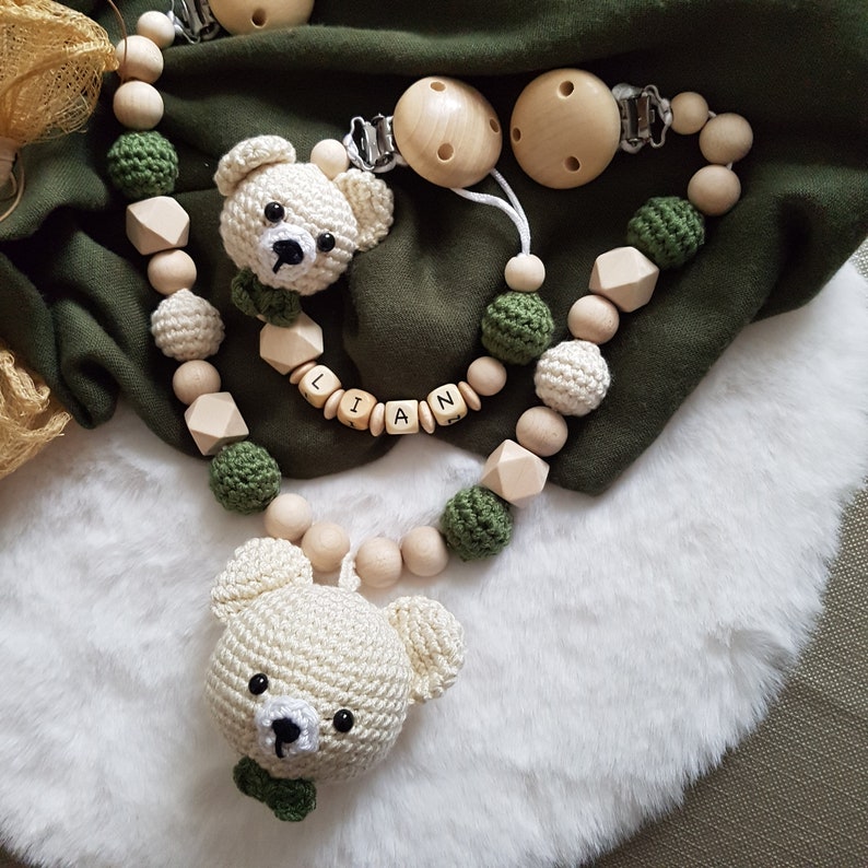 Babygeschenke Set,Schnullerkette mit Namen,Kinderwagenkette beige/grün,Schnullerkette Bär,Babygeschenke zur Geburt Bild 2
