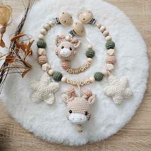 Kinderwagenkette Giraffe personalisiert| Schnullerkette mit Namen |gehâkelte Giraffe|Babygeschenke Set | Babygeschenke zur Geburt|