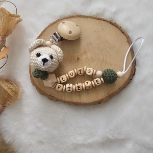 Babygeschenke Set,Schnullerkette mit Namen,Kinderwagenkette beige/grün,Schnullerkette Bär,Babygeschenke zur Geburt Schnkette Doppelname