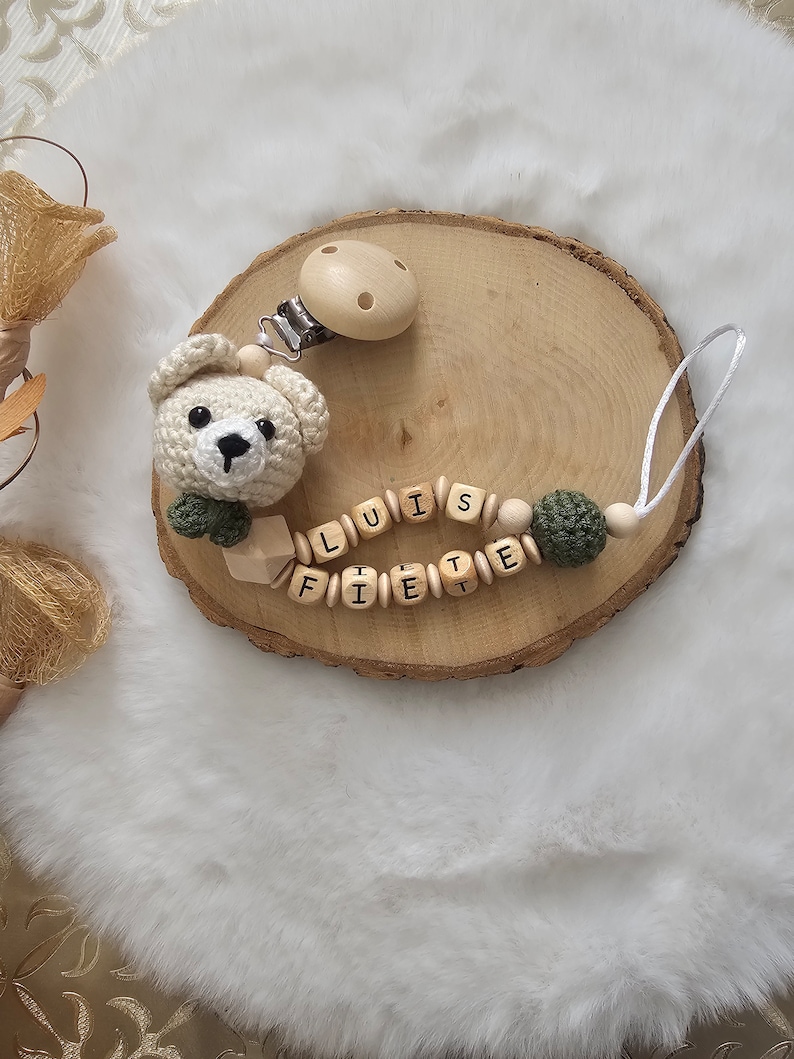 Babygeschenke Set,Schnullerkette mit Namen,Kinderwagenkette beige/grün,Schnullerkette Bär,Babygeschenke zur Geburt Schnkette Doppelname