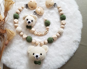 Babygeschenke Set,Schnullerkette mit Namen,Kinderwagenkette beige/grün,Schnullerkette Bär,Babygeschenke zur Geburt