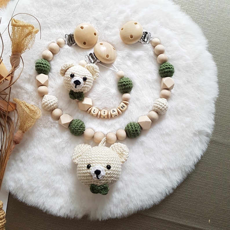 Babygeschenke Set,Schnullerkette mit Namen,Kinderwagenkette beige/grün,Schnullerkette Bär,Babygeschenke zur Geburt Bild 1