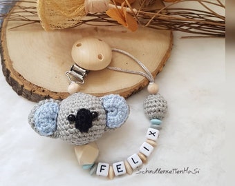 Pacifier chain koala animal with name, grey/blue/wood | baby shower gifts