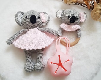 Koala Set,Babygeschenke zur Geburt,Babygeschenke Mädchen,Häkeltier Koala,SchnullerAufbewahrung,Greifring,Geschenkbox Geburt,Geschenk Mädchen