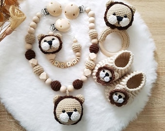 Baby Set Löwe |Schnullerkette,Kinderwagenkette mit Namen |Greifring|Babyschuhe | personalisiert