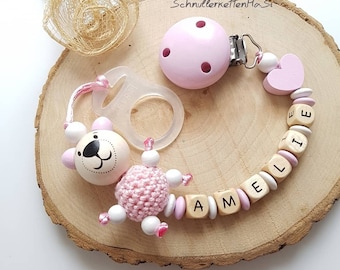 Pink/beige pacifier chain personalized with name