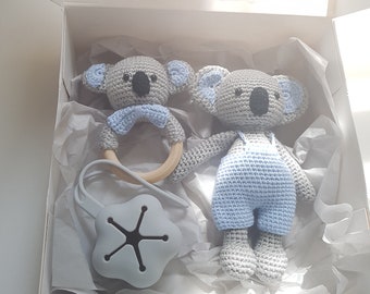 Baby gift set for birth, baby gifts boy, crochet toy koala, pacifier storage, gripping ring, gift box birth, gift baby boy