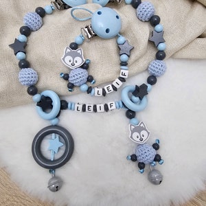 Schnullerkett  Fuchs mit Namen,Kinderwagenkette  grau/blau personalisiert