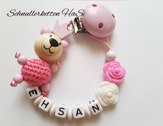 Schnuller Necklace Named Teddy With Crown Bear Pink White Etsy
