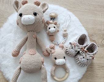 Birth gift set | Pacifier chain with name, gripping ring, crochet animal giraffe, baby crochet shoes