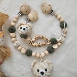 Babygeschenke Set,Schnullerkette mit Namen,Kinderwagenkette beige/grün,Schnullerkette Bär,Babygeschenke zur Geburt Set mit Doppelnamen