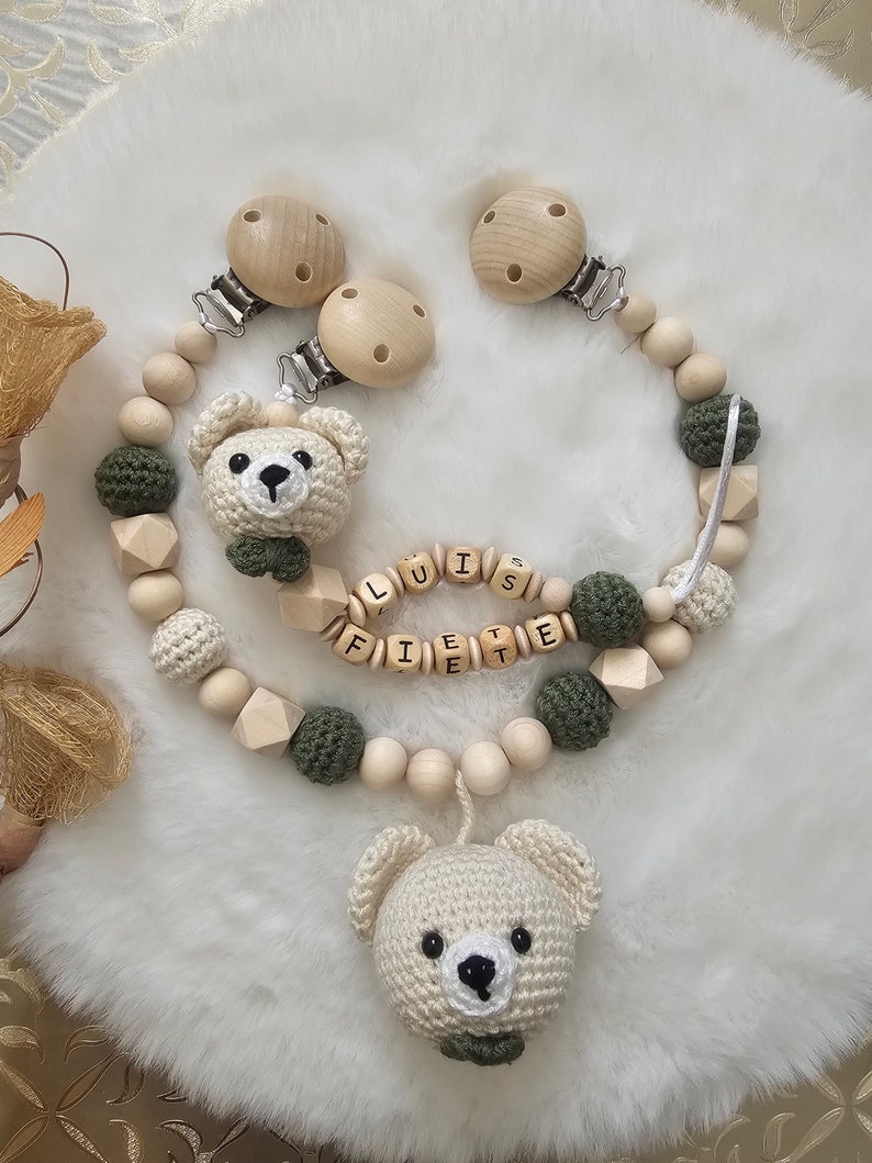 Babygeschenke Set,Schnullerkette mit Namen,Kinderwagenkette beige/grün,Schnullerkette Bär,Babygeschenke zur Geburt Set mit Doppelnamen