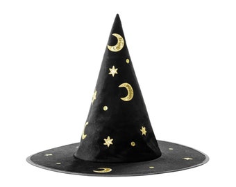 Sombrero de bruja para niños, disfraz de carnaval, disfraz de bruja de Halloween, sombrero de disfraz infantil con estrellas y lunas en dorado