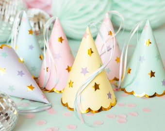 Pack de 6 chapeaux de fête étoiles avec queue pastel