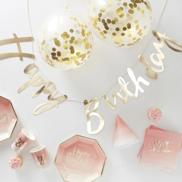 Partydeko Set in Gold und im beliebten Farbverlauf Design inklusive Happy Birthday Girlande, Konfetti Ballons, Teller, Becher, uvm...