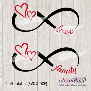 May include: Two infinity symbols with red hearts in the top loop. The first infinity symbol has the word "love" written in red cursive. The second infinity symbol has the word "family" written in red cursive.