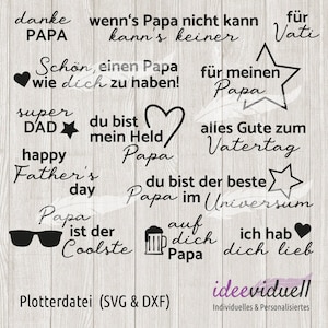 Puede incluir: Un conjunto de 10 archivos SVG y DXF imprimibles para el Día del Padre en blanco y negro. Los archivos presentan varios diseños con texto como "Feliz Día del Padre", "Super papá", "Eres el mejor papá del universo" y "Te quiero papá".