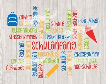 Schulanfang Wortwolke Einschulung Worte Spruch Schriftzüge Schriftzug Plotterdatei SVG DXF Download ideeviduell