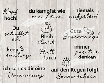 May include: A set of 10 motivational and inspirational SVG and DXF cut files for crafting. The files feature phrases like "Keep Smiling", "Never Give Up", and "Stay Strong".